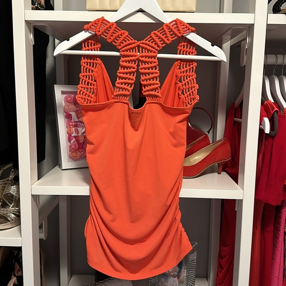 Pumpkin Orange Ruched Halter Top with Thick Crochet Straps - Picture 3 of 5